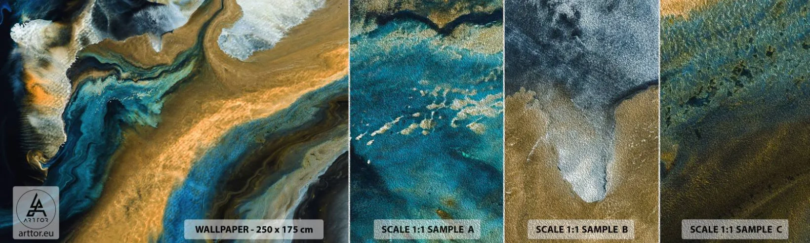 Fotobehang Monster Premium Sand - Blauw - geel - wederzijdse invloeden - Abstractie, Deel, Grafisch - 100x30 cm