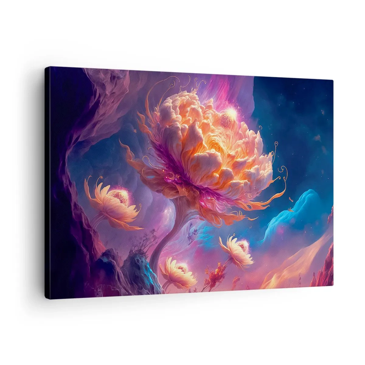Schilderen op canvas - Fantasiebloemen in een kosmisch landschap - 70x50cm - Andere wereld - Moderne wanddecoratie voor woonkamer en slaapkamer ARTTOR