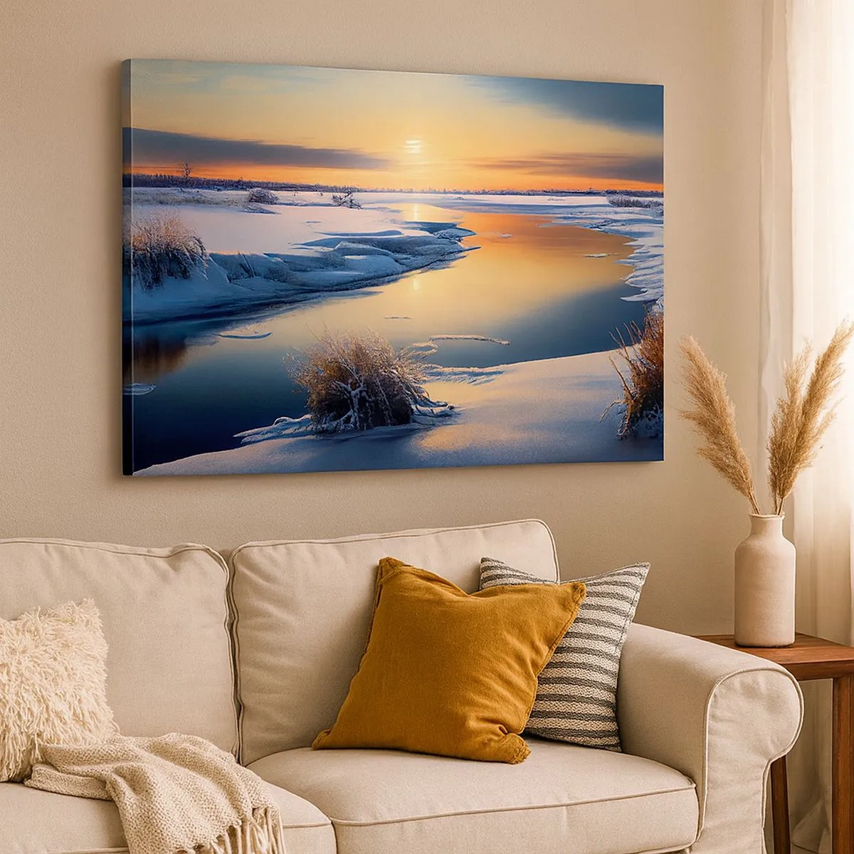 Schilderen op canvas - Winterlandschap met een rivier bij zonsondergang - 70x50cm - Winterse zonsondergang - Moderne wanddecoratie voor woonkamer en slaapkamer ARTTOR