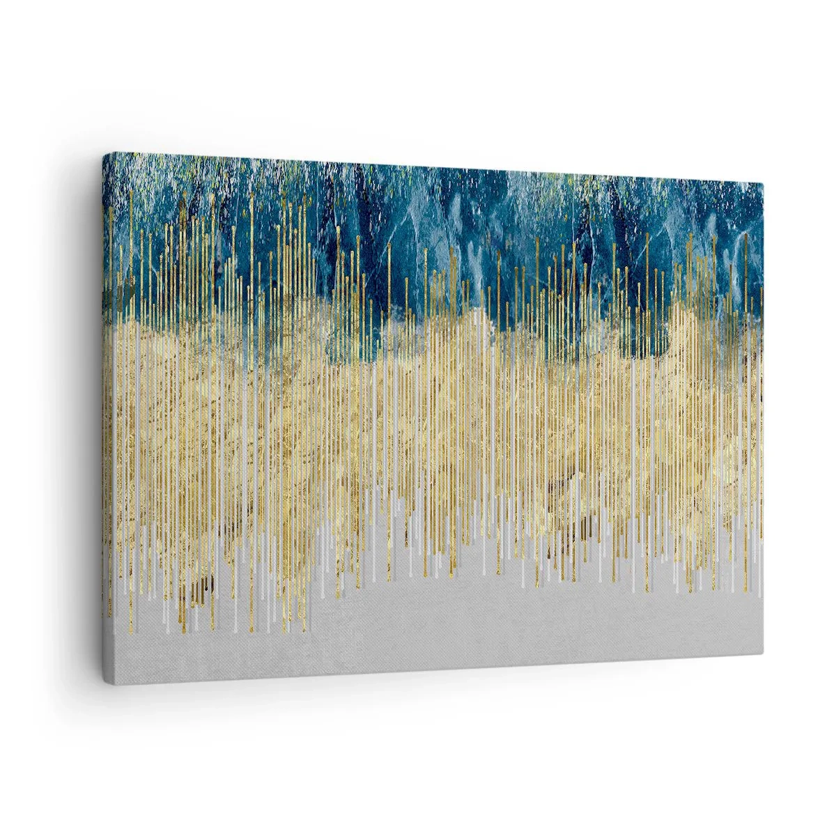 Schilderen op canvas - Gouden lijnen tegen een achtergrond van marineblauwe en grijze abstractie - 70x50cm - Vergulde grens - Moderne wanddecoratie voor woonkamer en slaapkamer ARTTOR