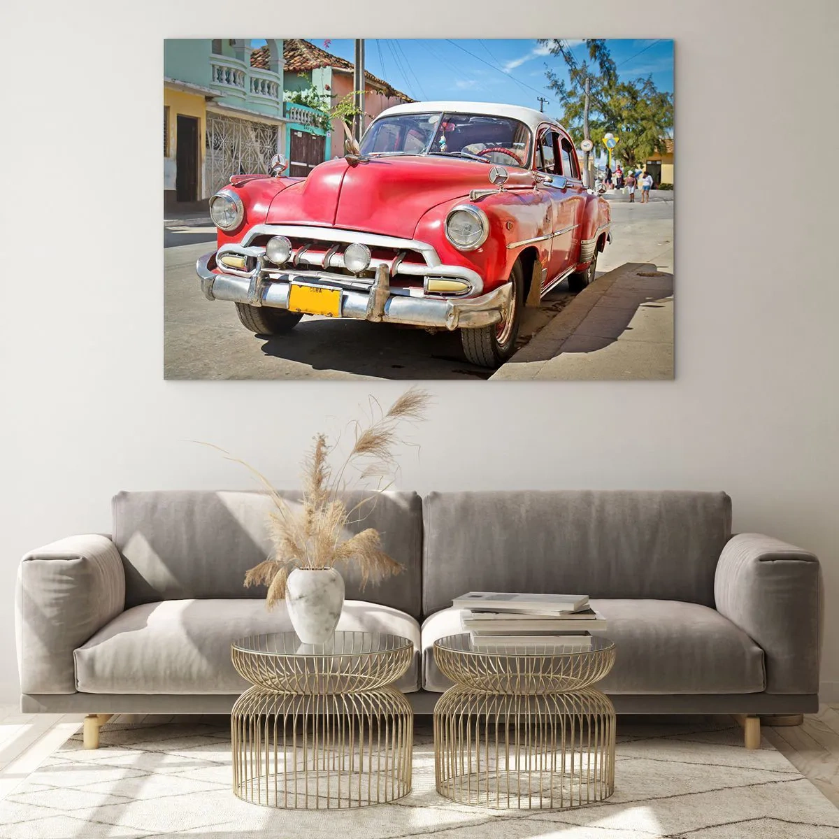 Schilderen op glas - Rode oldtimer op een stadsstraat - 70x50cm - Alleen in Cuba - Moderne wanddecoratie voor woonkamer en slaapkamer ARTTOR