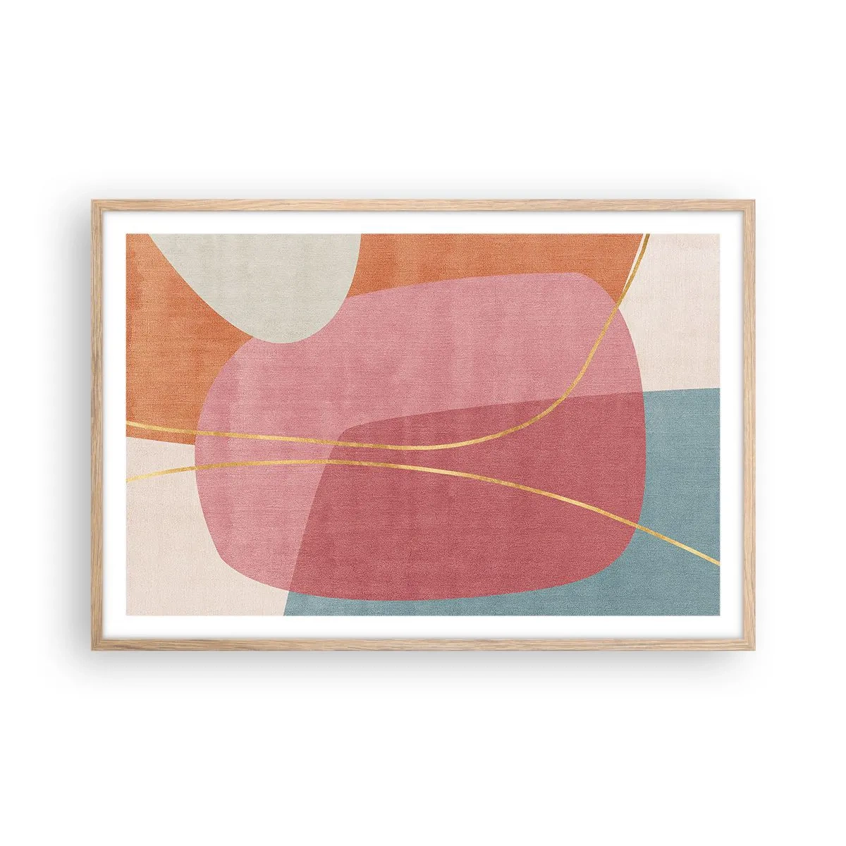 Een poster in een licht eiken lijst - Pastelkleurcompositie met gouddraad - 91x61 cm