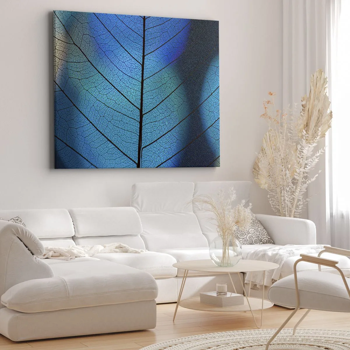 Schilderen op canvas - Close-up van een blauw blad met zichtbare nerfdetails - 70x50cm - Ingewikkelde constructie - Moderne wanddecoratie voor woonkamer en slaapkamer ARTTOR