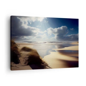 Schilderen op canvas - Een wild strand met duinen en blauwe luchten - 70x50cm - Strand, wild strand - Moderne wanddecoratie voor woonkamer en slaapkamer ARTTOR