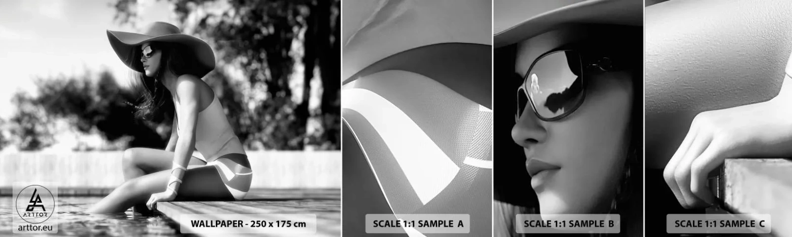 Fotobehang Staaltje Standard Eco - Zomerdroom - Vrouw, Hoed, Zwembad - 100x30 cm