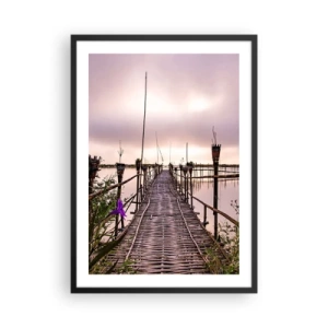 Poster in een zwarte lijst - Bamboebrug over kalm water bij schemering - 50x70cm - Rust en stilte van Azië - Moderne wanddecoratie voor woonkamer en slaapkamer ARTTOR