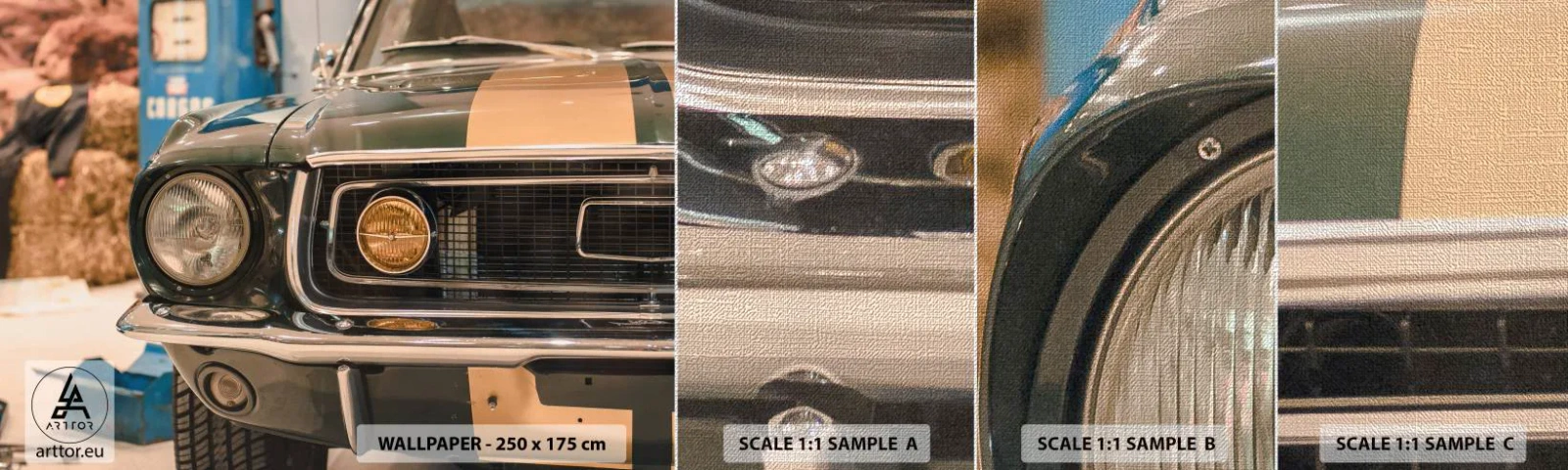 Fotobehang Monster Premium Canvas - Ontmoeting met een legende - Auto, Automobiel, Ouderwets - 100x30 cm