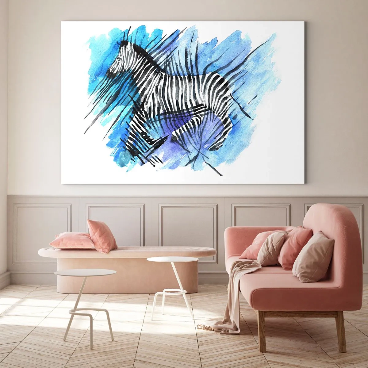 Schilderen op glas - Een zebra in een artistieke aquarelcompositie tegen een blauwe achtergrond - 70x50cm - Verborgen in strepen - Moderne wanddecoratie voor woonkamer en slaapkamer ARTTOR