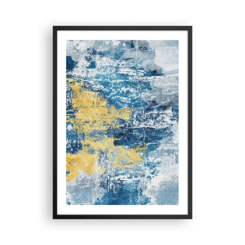 Poster in een zwarte lijst - Abstracte compositie van blauw en goud in textuur - 50x70cm - Abstractie vol met weer - Moderne wanddecoratie voor woonkamer en slaapkamer ARTTOR