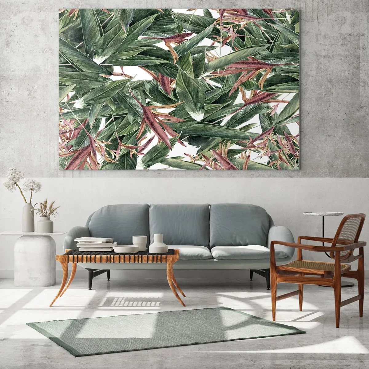 Schilderen op glas - Bladeren in tinten groen en bordeauxrood op een lichte achtergrond - 70x50cm - Smaragd-lila struikgewas - Moderne wanddecoratie voor woonkamer en slaapkamer ARTTOR