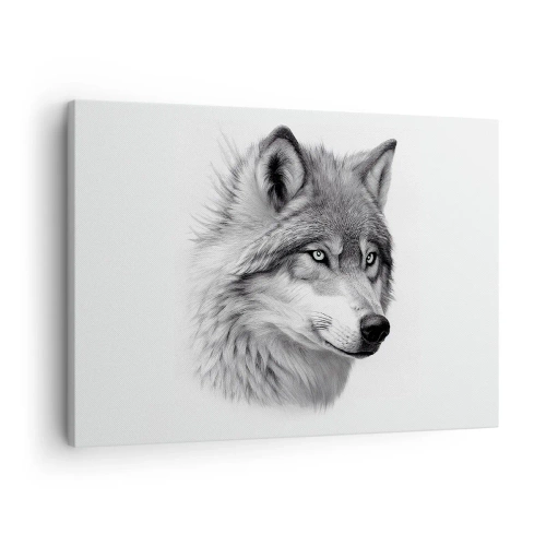 Schilderen op canvas - Een realistisch portret van een wolf in grijstinten. - 70x50cm - Alfa – zonder twijfel - Moderne wanddecoratie voor woonkamer en slaapkamer ARTTOR