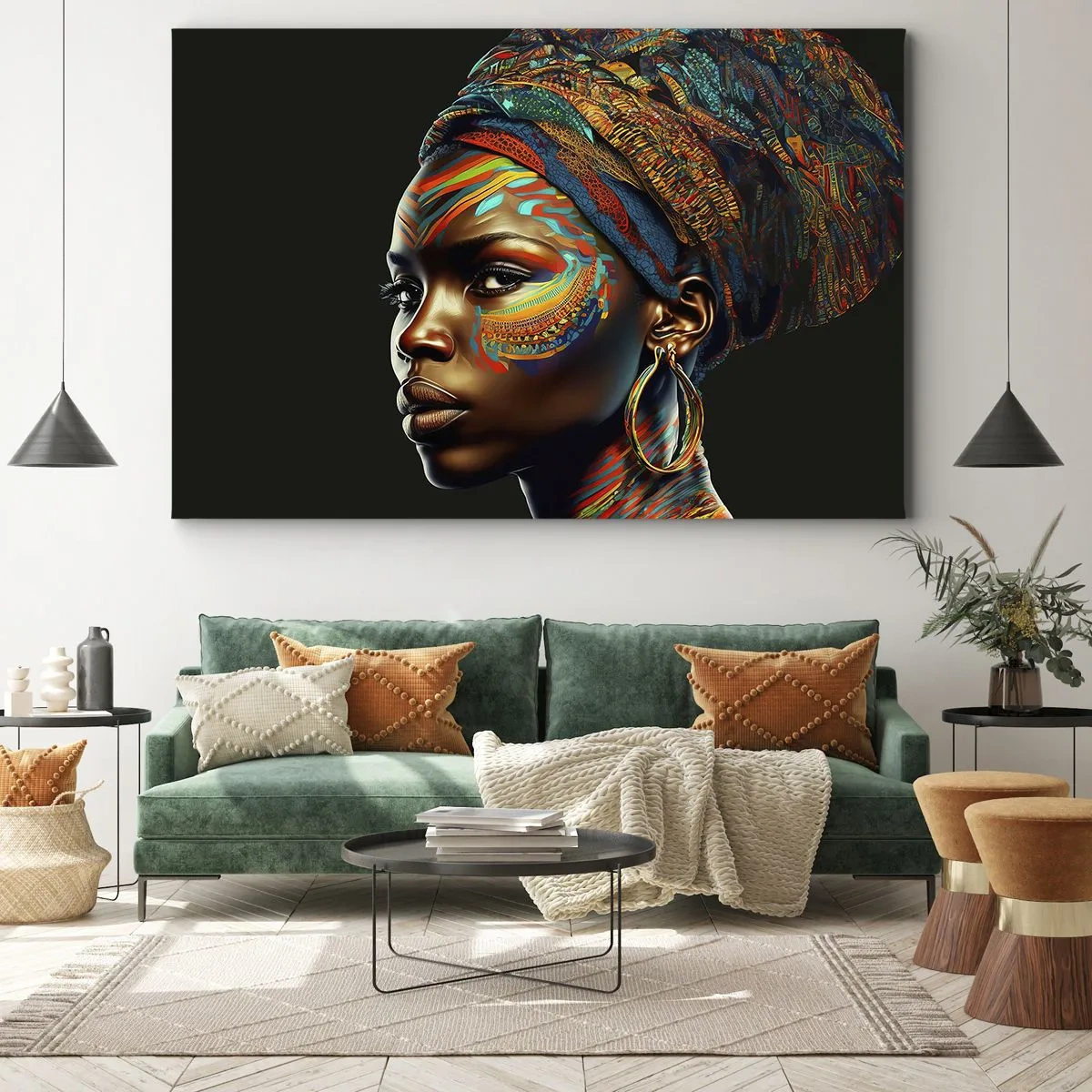 Schilderen op canvas - Portret van een vrouw met een kleurrijk patroon en een tulband - 70x50cm - Afrikaanse koningin - Moderne wanddecoratie voor woonkamer en slaapkamer ARTTOR