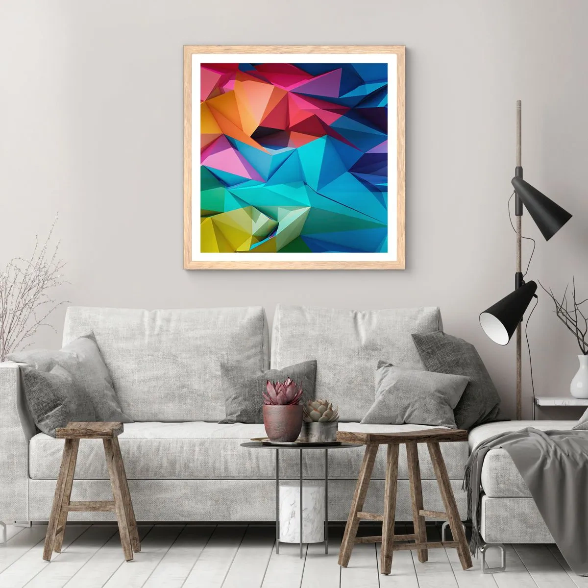 Een poster in een licht eiken lijst - Regenboog origami - 30x30 cm