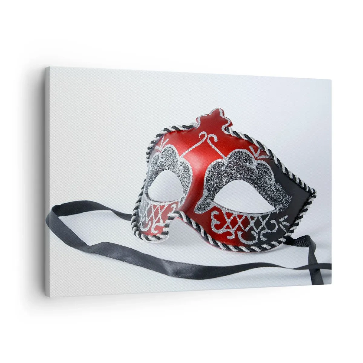 Schilderen op canvas - Rood carnavalsmasker op een lichte achtergrond - 70x50cm - Uitnodiging voor het bal - Moderne wanddecoratie voor woonkamer en slaapkamer ARTTOR