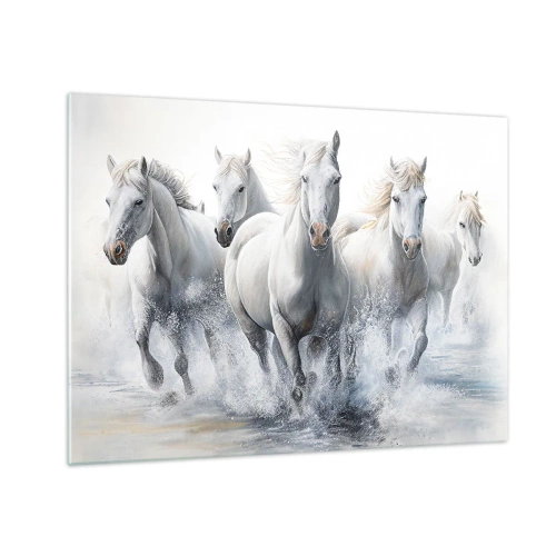 Schilderen op glas - Witte paarden galopperen door het water in een dynamische compositie - 70x50cm - Witte magie - Moderne wanddecoratie voor woonkamer en slaapkamer ARTTOR