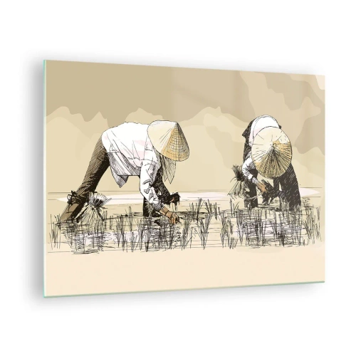 Schilderen op glas - Een minimalistische illustratie van boeren die aan het werk zijn - 70x50cm - Succesvolle oogst - Moderne wanddecoratie voor woonkamer en slaapkamer ARTTOR