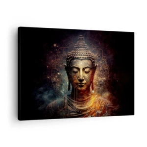 Schilderen op canvas - Gouden Boeddha op een donkere achtergrond met ornamenten - 70x50cm - Geestelijke balans - Moderne wanddecoratie voor woonkamer en slaapkamer ARTTOR