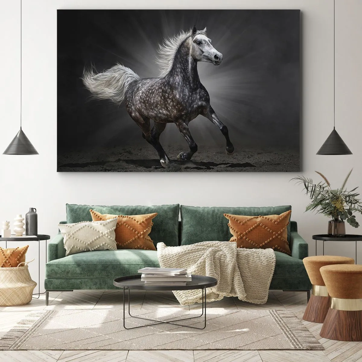 Schilderen op canvas - Een wit paard galoppeert tegen een donkere achtergrond - 70x50cm - Grijs is mooi - Moderne wanddecoratie voor woonkamer en slaapkamer ARTTOR