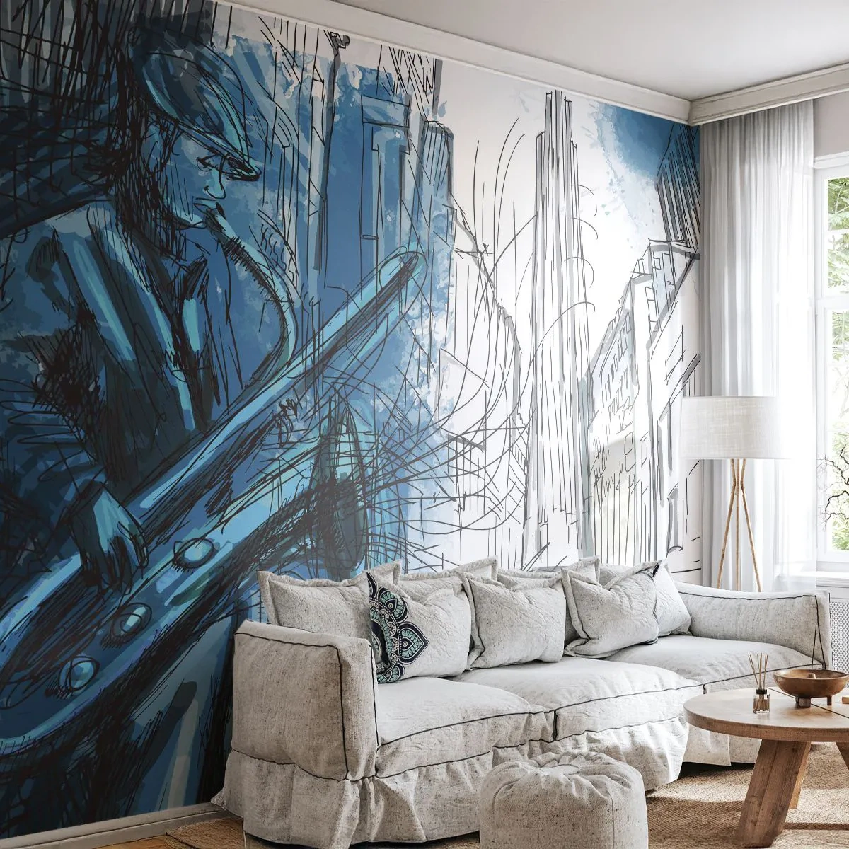 Zelfklevend Fotobehang Deluxe Sticker - Stedelijke Rapsodie - Saxofoon, Jazz, Muziek - 500x350 cm