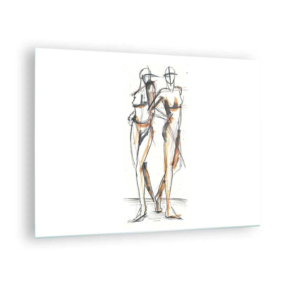 Schilderen op glas - Artistieke schets van twee vrouwen in minimalistische stijl. - 70x50cm - Een studie van genade - Moderne wanddecoratie voor woonkamer en slaapkamer ARTTOR
