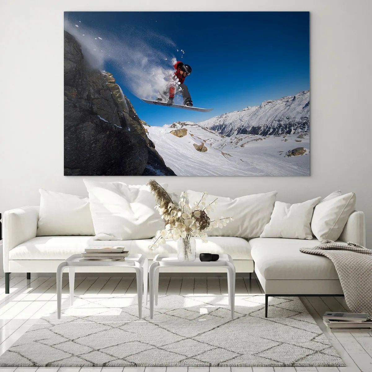 Schilderen op glas - Een snowboarder springt tegen een bergachtergrond - 70x50cm - En je werd een deel van de ruimte - Moderne wanddecoratie voor woonkamer en slaapkamer ARTTOR