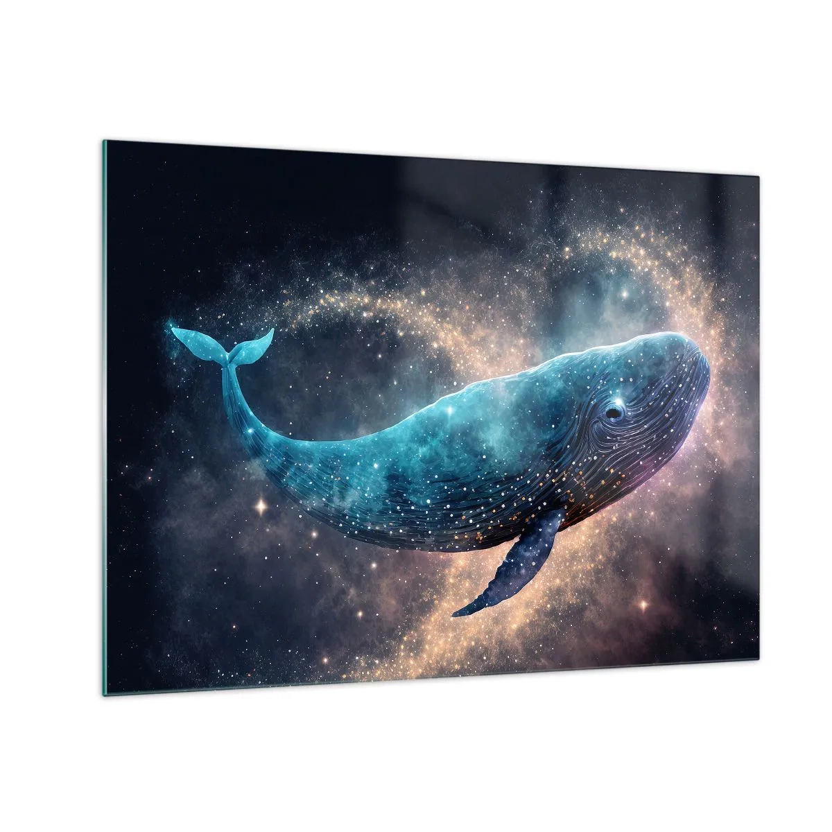 Schilderen op glas - Blauwe vinvis zweeft in de Melkweg - 70x50cm - Er is zo’n wereld… - Moderne wanddecoratie voor woonkamer en slaapkamer ARTTOR