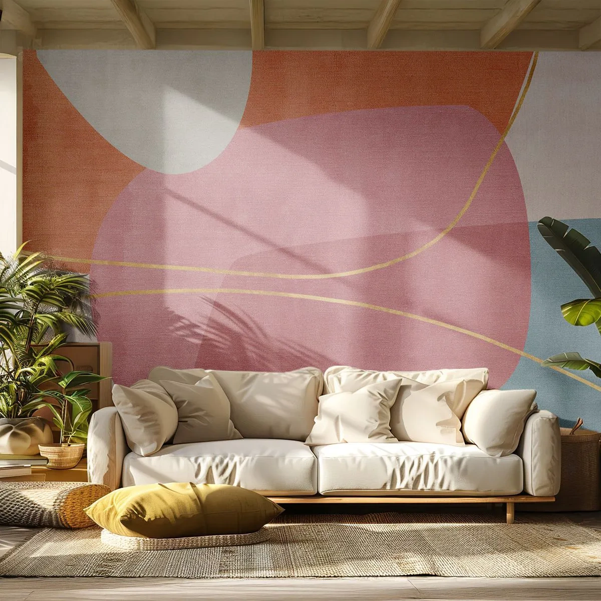 Fotobehang Premium Canvas - Pastelkleurcompositie met gouddraad - Abstractie, Minimalisme, Vormen - 400x280 cm