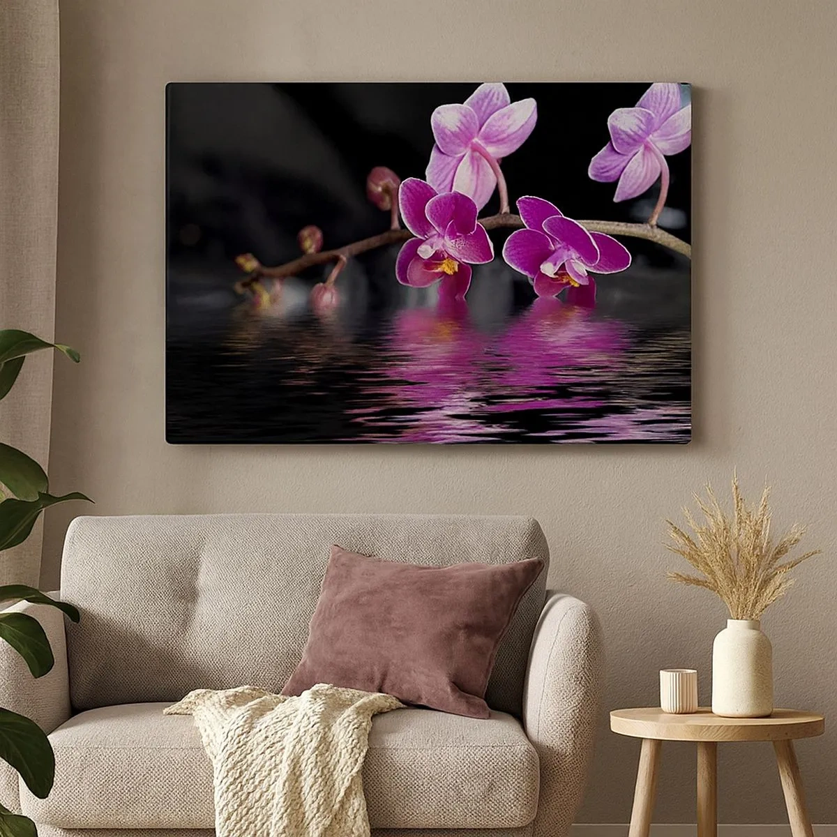 Schilderen op canvas - Paarse orchideeën boven kalm water tegen een zwarte achtergrond - 70x50cm - Lila weerspiegeling van schoonheid - Moderne wanddecoratie voor woonkamer en slaapkamer ARTTOR
