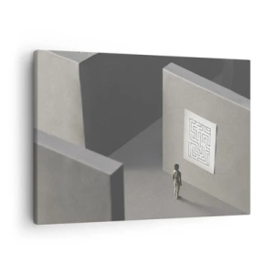 Schilderen op canvas - Een figuur in een doolhof die naar een hangende kaart kijkt - 70x50cm - Maar waar ben ik? - Moderne wanddecoratie voor woonkamer en slaapkamer ARTTOR