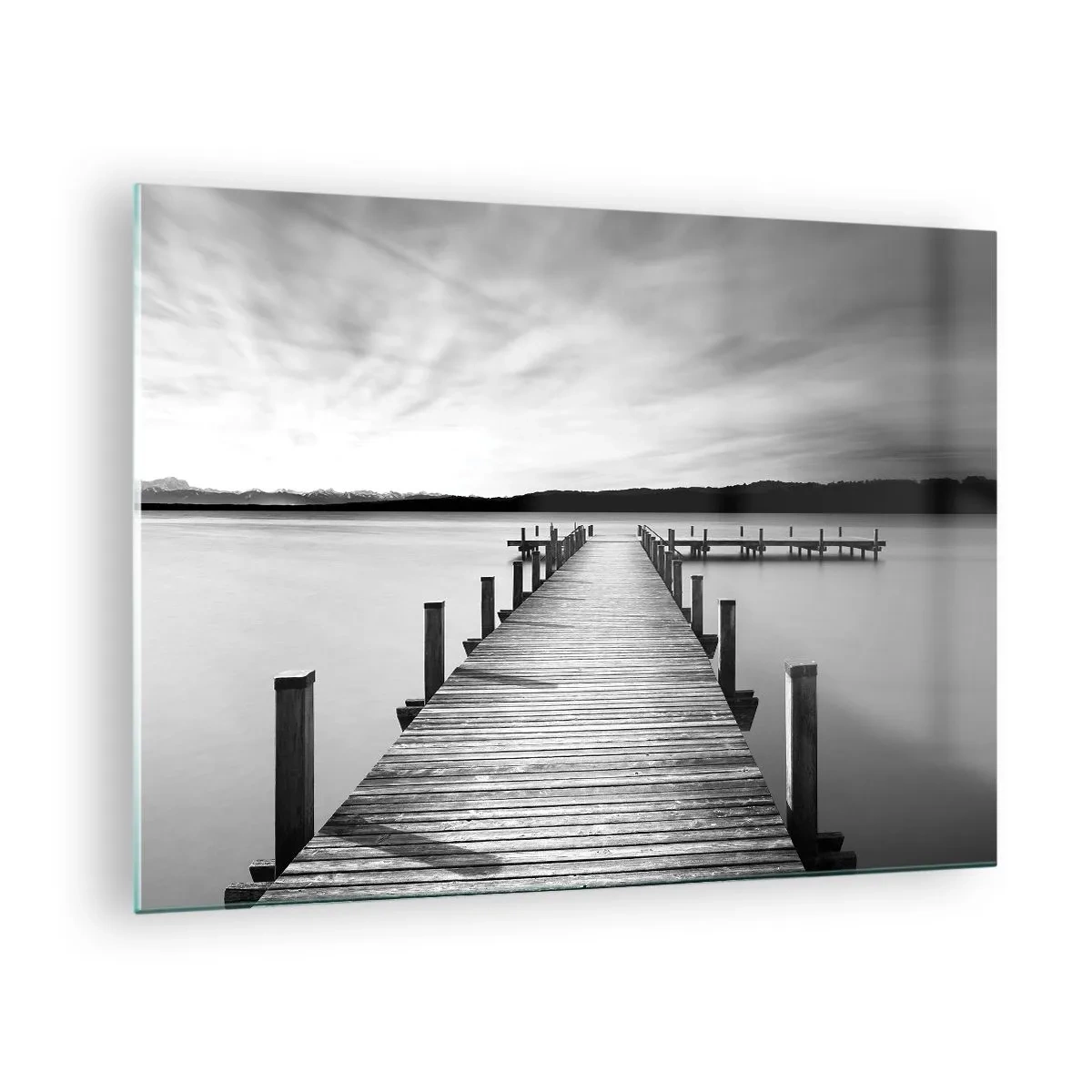 Schilderen op glas - Een houten steiger leidt in de verte over een kalm meer - 70x50cm - Bij de waterput - vrede - Moderne wanddecoratie voor woonkamer en slaapkamer ARTTOR