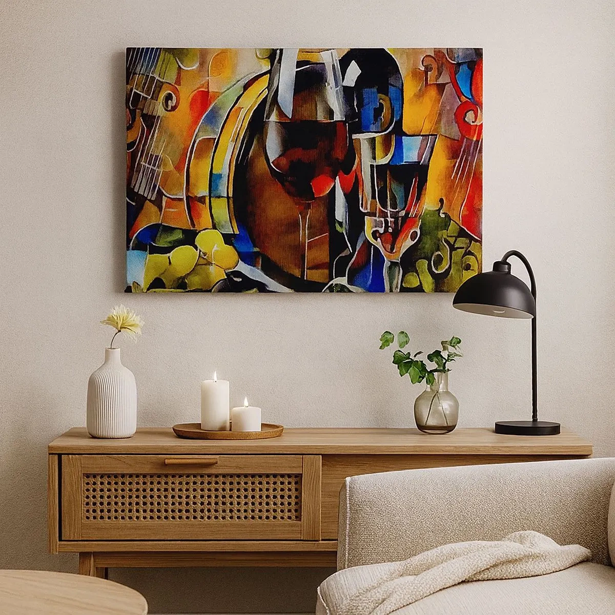 Schilderen op canvas - Abstract stilleven met glazen en instrumenten - 70x50cm - En de wereld krijgt kleuren - Moderne wanddecoratie voor woonkamer en slaapkamer ARTTOR