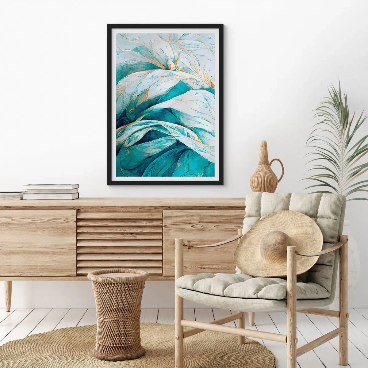 Poster in een zwarte lijst - Abstracte bladeren in tinten turquoise en wit met delicaat goud - 50x70cm - Blauwe abstractie met een gouden motief - Moderne wanddecoratie voor woonkamer en slaapkamer ARTTOR