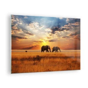 Schilderen op glas - Olifanten op de Afrikaanse savanne bij zonsondergang - 70x50cm - Familie wandeling - Moderne wanddecoratie voor woonkamer en slaapkamer ARTTOR