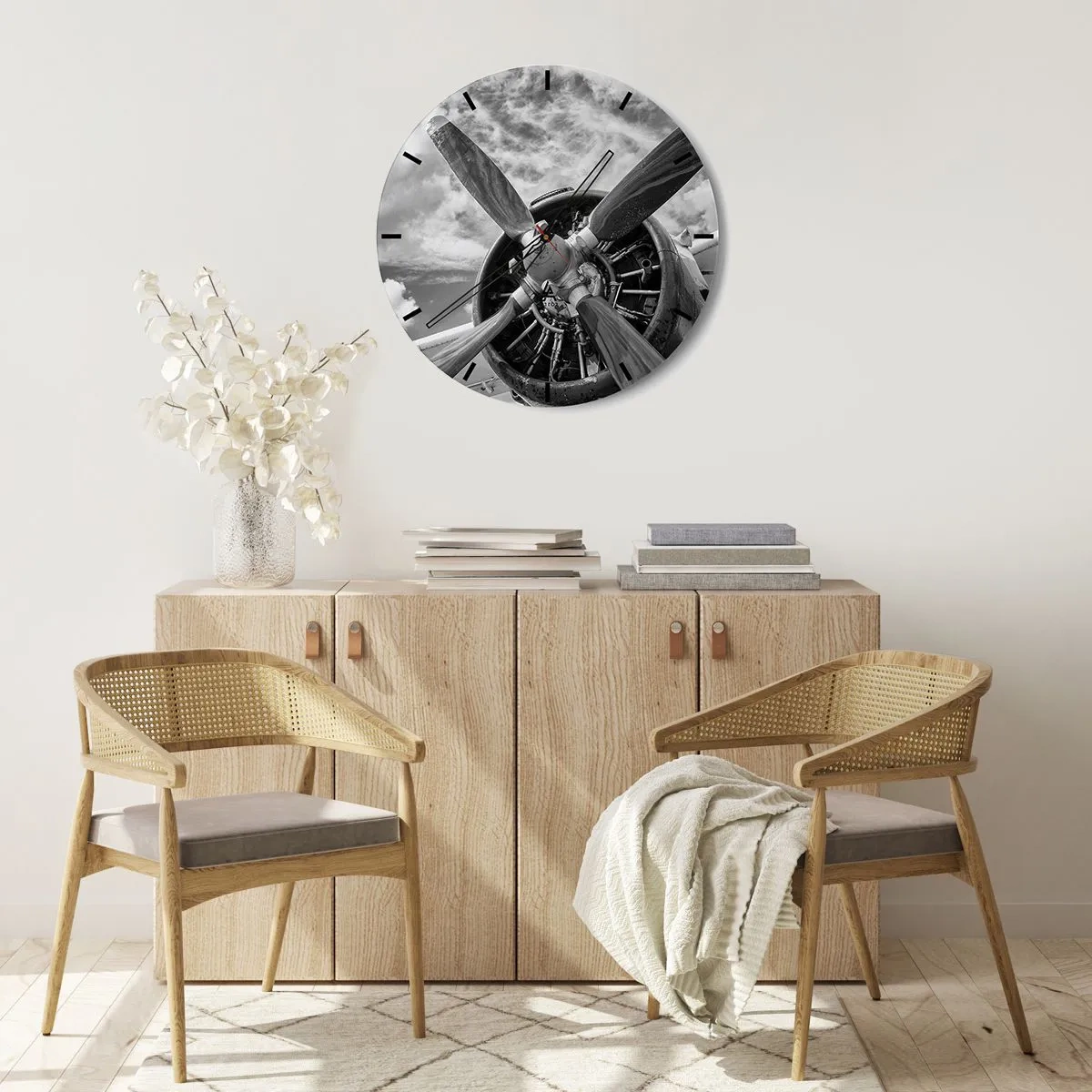 Wandklok - Klok - Vliegtuigpropellermotor in zwart-wit - 30x30cm - Veroveraar van de lucht - Moderne wanddecoratie voor woonkamer, keuken en slaapkamer ARTTOR