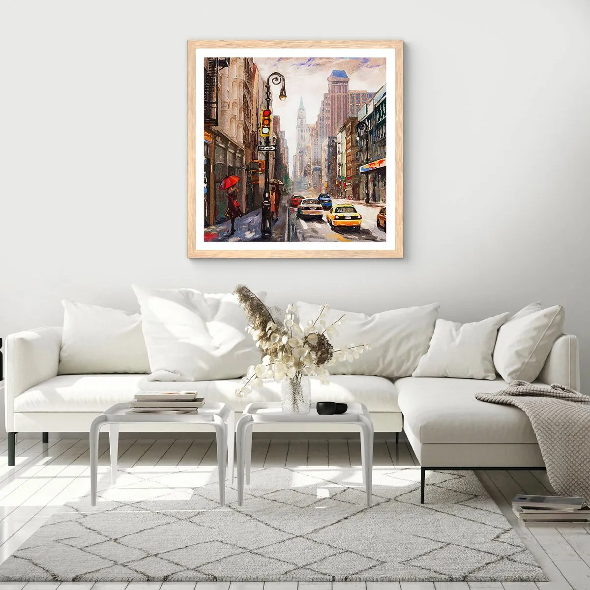 Een poster in een licht eiken lijst - New York - ook kleurrijk in de regen - 60x60 cm