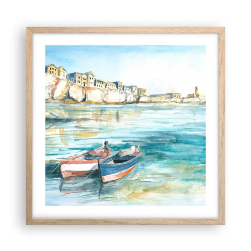 Een poster in een licht eiken lijst - Azuurblauw landschap - 50x50 cm