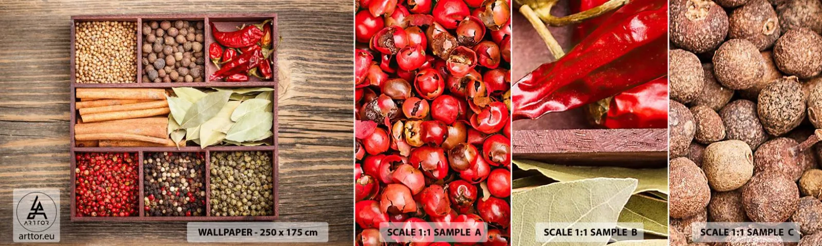 Fotobehang Monster Zelfklevend Deluxe Sticker - Volgorde van vormen, boeket van aroma's - Gastronomie, Specerijen, Chili - 100x30 cm