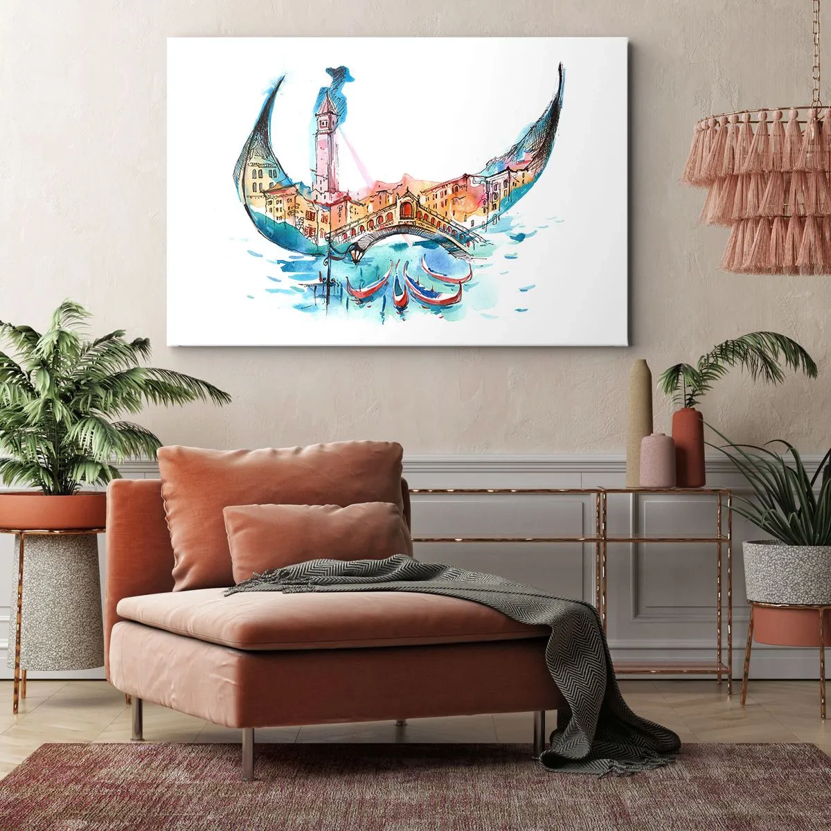 Schilderen op canvas - Een aquarelcompositie van Venetië in de vorm van een gondel - 70x50cm - We varen door de stad - Moderne wanddecoratie voor woonkamer en slaapkamer ARTTOR