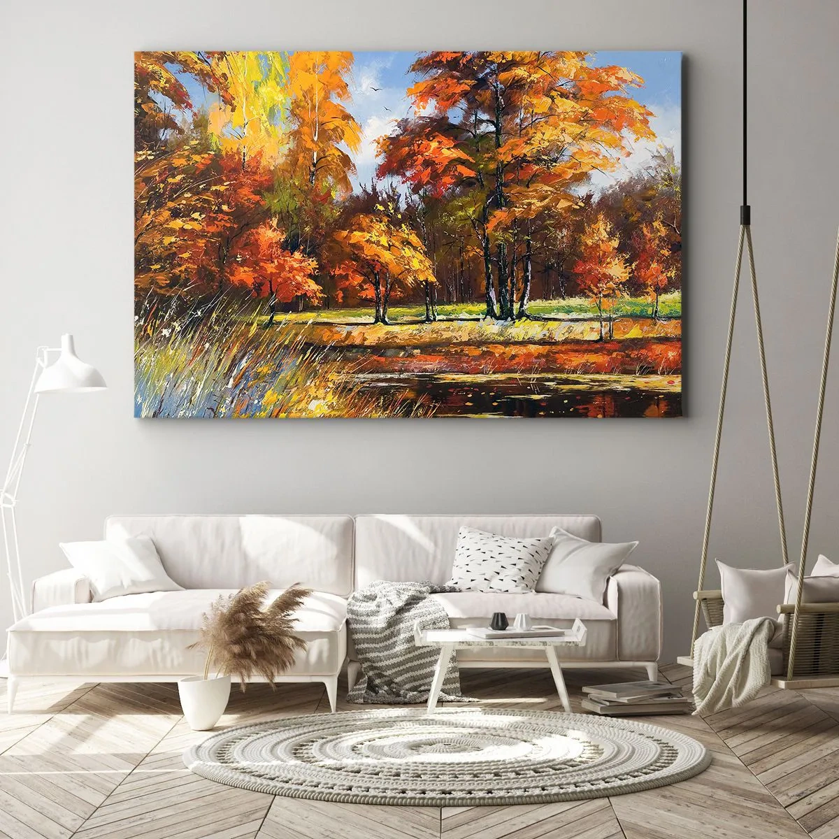 Schilderen op canvas - Herfstlandschap met kleurrijke bomen en een vijver - 70x50cm - Landschap in goud en brons - Moderne wanddecoratie voor woonkamer en slaapkamer ARTTOR