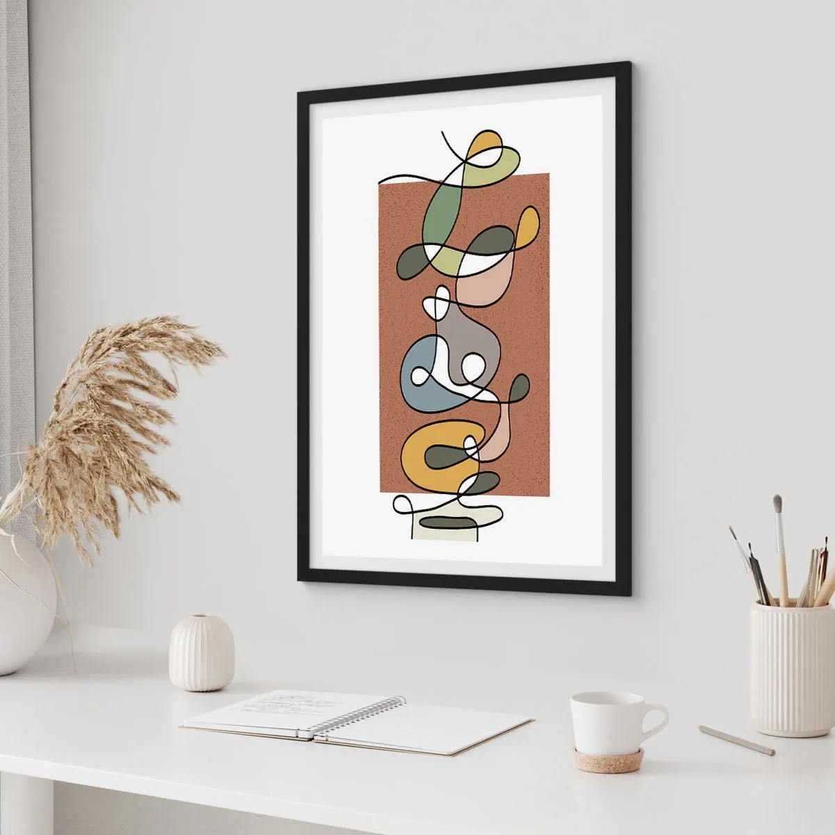 Poster in een zwarte lijst - Een abstracte compositie van lijnen en kleurrijke vormen. - 50x70cm - Abstractie die het glimlachen waard is - Moderne wanddecoratie voor woonkamer en slaapkamer ARTTOR