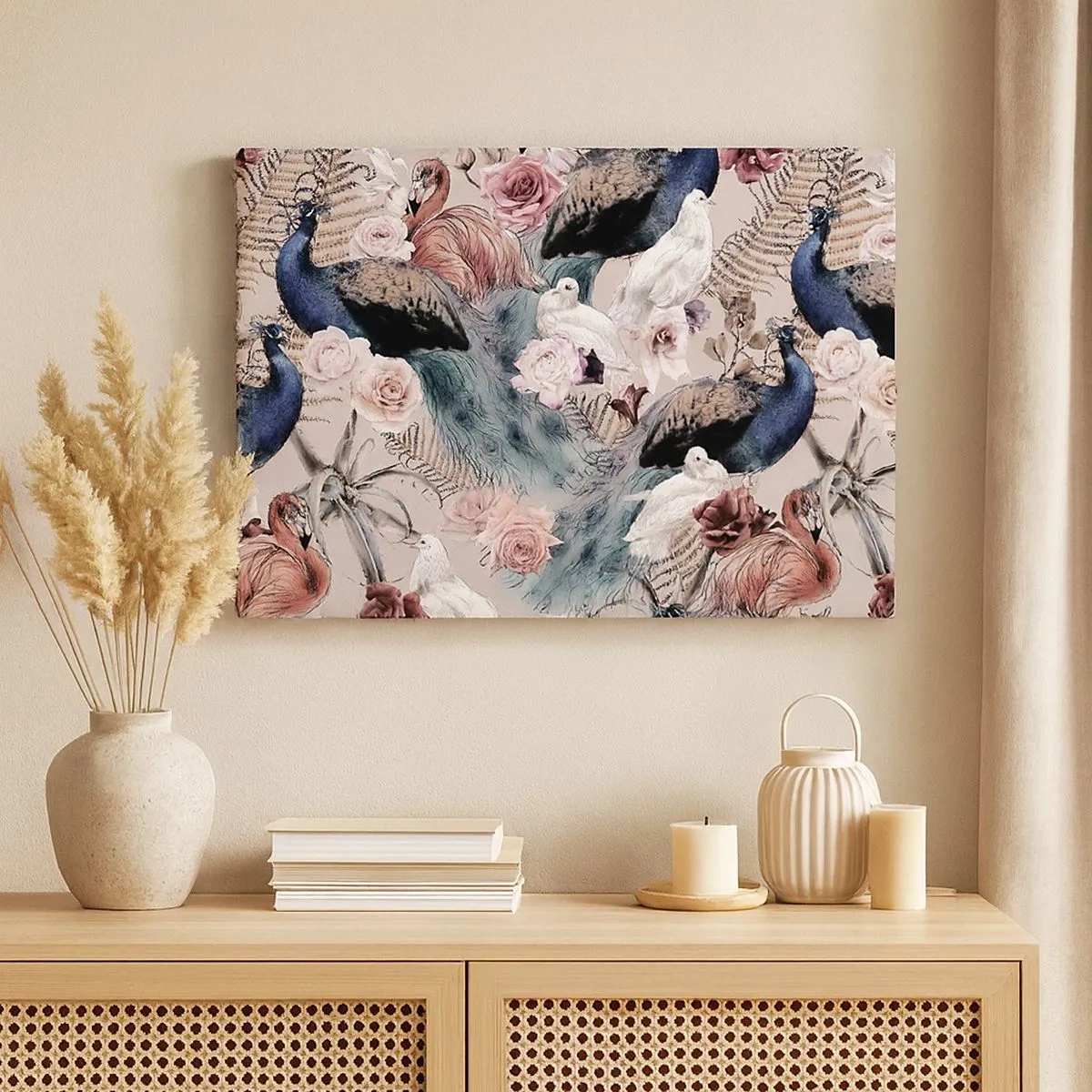 Schilderen op canvas - Een landschap met pauwenveren, rozen en vogels in een romantische stijl. - 70x50cm - In de paleistuin - Moderne wanddecoratie voor woonkamer en slaapkamer ARTTOR