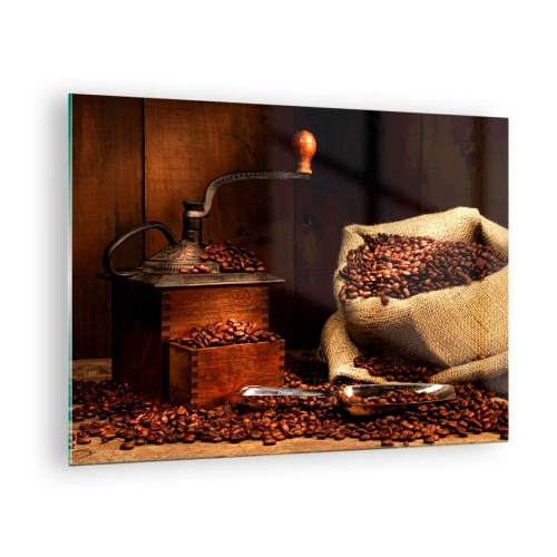 Schilderen op glas - Een oude koffiemolen met bonen en een zak koffie - 70x50cm - Stilleven met koffiebonen en een molen - Moderne wanddecoratie voor woonkamer en slaapkamer ARTTOR