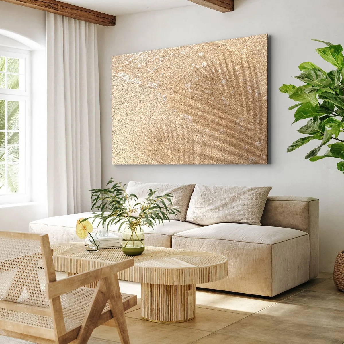 Schilderen op canvas - De schaduw van een palmboom op het zand met een delicaat golfpatroon - 70x50cm - De schaduw van een hete zomer - Moderne wanddecoratie voor woonkamer en slaapkamer ARTTOR