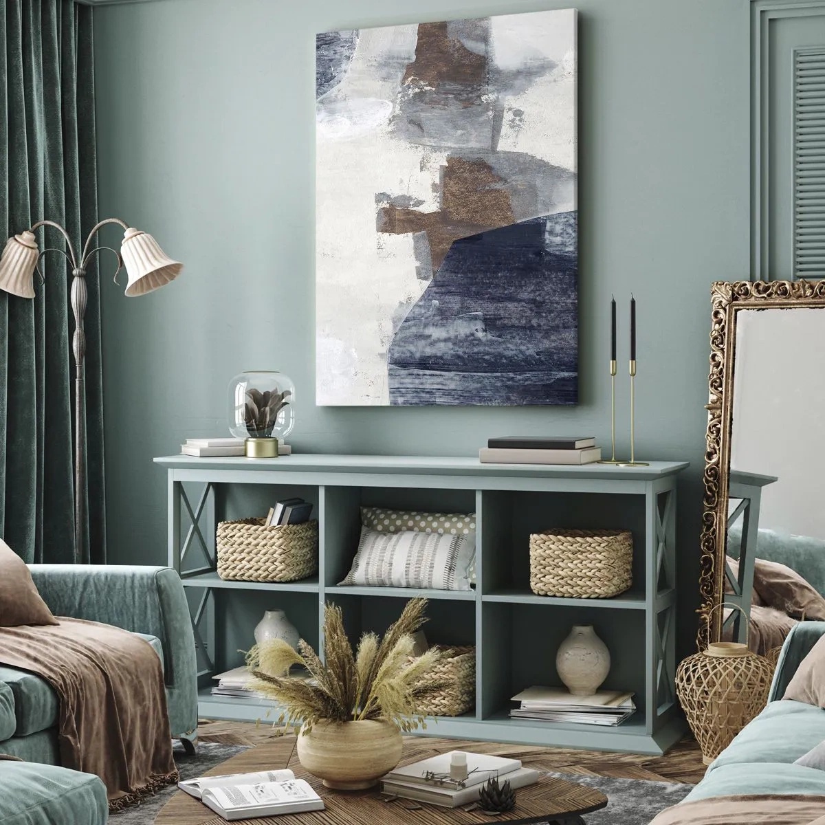 Schilderen op canvas - Blauwe en bruine vormen - 55x100 cm