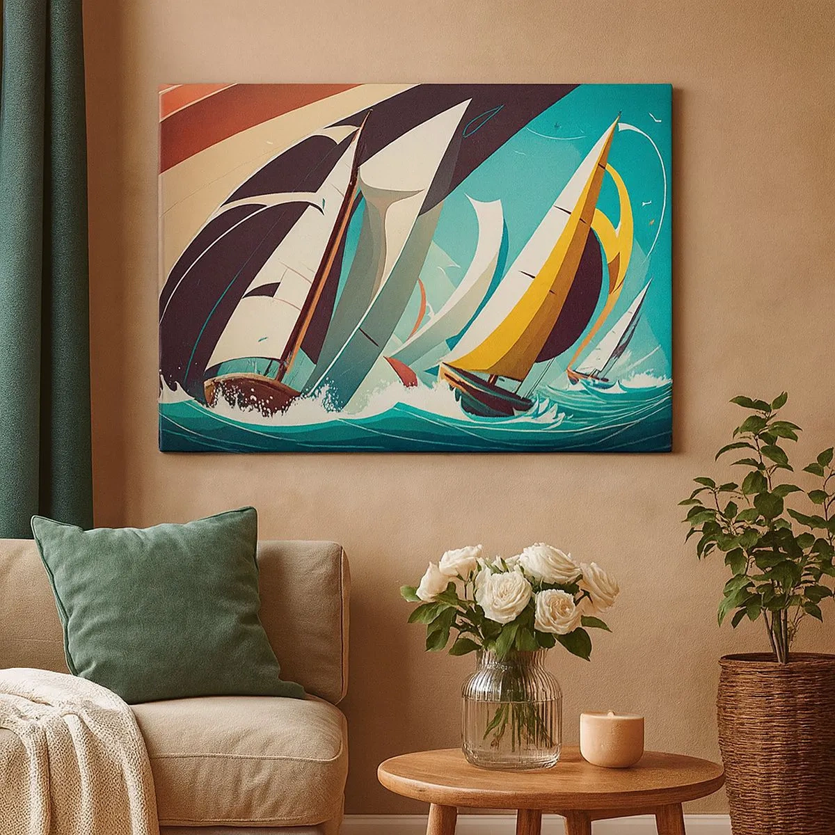 Schilderen op canvas - Een dynamische illustratie van zeilboten op een stormachtige zee. - 70x50cm - Met elementen als een broer - Moderne wanddecoratie voor woonkamer en slaapkamer ARTTOR