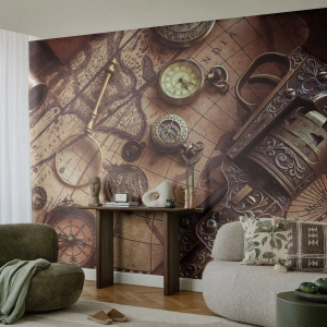 Fotobehang Premium Sand - Avontuur roept - Wereldkaart, Kompas, Revolver - 500x350 cm