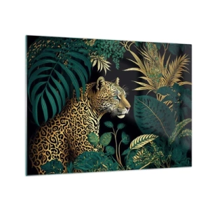 Schilderen op glas - Een luipaard tussen tropische bladeren op een donkere achtergrond - 70x50cm - Een gastheer in de jungle - Moderne wanddecoratie voor woonkamer en slaapkamer ARTTOR