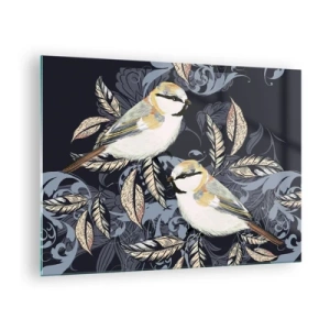 Schilderen op glas - Illustratie van twee vogels op een donkere achtergrond met ornamenten - 70x50cm - Geel-blauwe triller - Moderne wanddecoratie voor woonkamer en slaapkamer ARTTOR