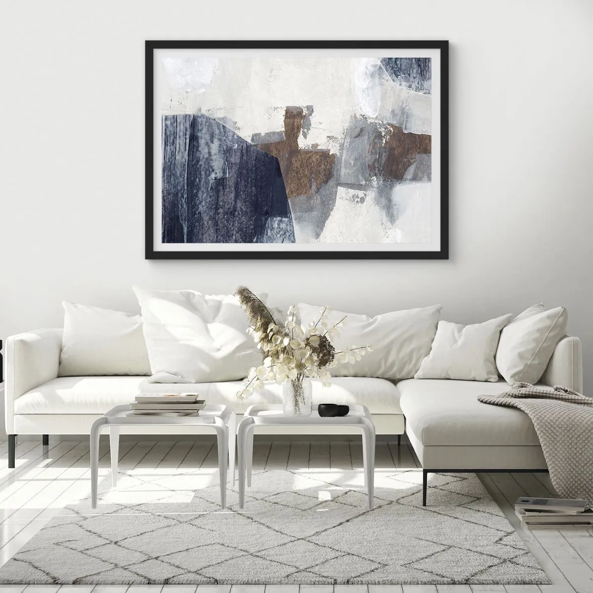 Poster in een zwarte lijst - Blauwe en bruine vormen - 70x50 cm