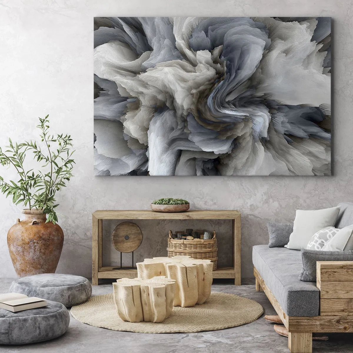 Schilderen op canvas - Abstracte werveling in tinten grijs en blauw - 70x50cm - Steen en bloem - Moderne wanddecoratie voor woonkamer en slaapkamer ARTTOR